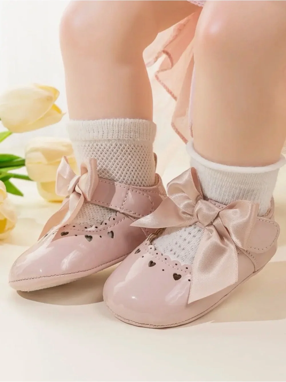 Cute Heart Pink Front Satin Bow Baby Shoes